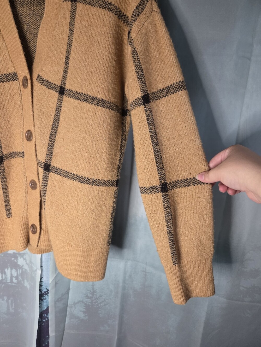 Ann Taylor Camel Plaid Button Front Cardigan - Picture 5 of 7
